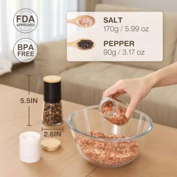 VUCCHINI Salt and Black Pepper Grinder Set - Bamboo Lid and Wood Stand Refillable Sea Salt Grinder Shaker Mills (black and white)
