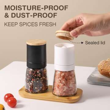 VUCCHINI Salt and Black Pepper Grinder Set - Bamboo Lid and Wood Stand Refillable Sea Salt Grinder Shaker Mills (black and white)