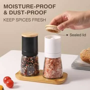 VUCCHINI Salt and Black Pepper Grinder Set - Bamboo Lid and Wood Stand Refillable Sea Salt Grinder Shaker Mills (black and white)