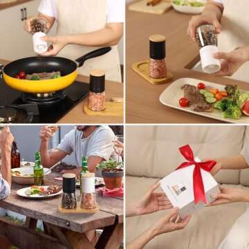 VUCCHINI Salt and Black Pepper Grinder Set - Bamboo Lid and Wood Stand Refillable Sea Salt Grinder Shaker Mills (black and white)