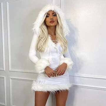 NUFIWI Y2k Hooded Dress for Women Fur Trim Hoodie Dresses Deep V Neck Mini Short Dress Aesthetic Cute Clothes(A White Feathers,M)