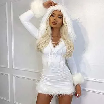 NUFIWI Y2k Hooded Dress for Women Fur Trim Hoodie Dresses Deep V Neck Mini Short Dress Aesthetic Cute Clothes(A White Feathers,M)