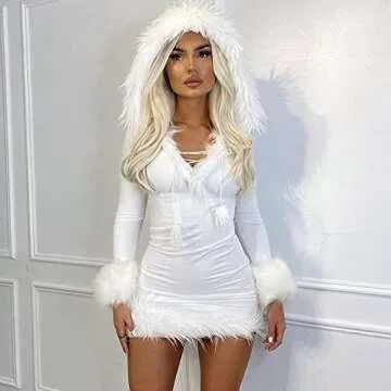 NUFIWI Y2k Hooded Dress for Women Fur Trim Hoodie Dresses Deep V Neck Mini Short Dress Aesthetic Cute Clothes(A White Feathers,M)
