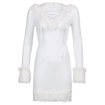 NUFIWI Y2k Hooded Dress for Women Fur Trim Hoodie Dresses Deep V Neck Mini Short Dress Aesthetic Cute Clothes(A White Feathers,M)