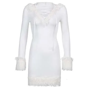 NUFIWI Y2k Hooded Dress for Women Fur Trim Hoodie Dresses Deep V Neck Mini Short Dress Aesthetic Cute Clothes(A White Feathers,M)