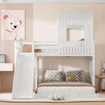 Harper & Bright Designs House Bunk Bed with Slide,Wood Twin Over Full Bunk Bed with Roof,Ladder & Safety Guardrail,Floor Bunk Loft Bed for Kids,Teens,No Box Spring Needed, White