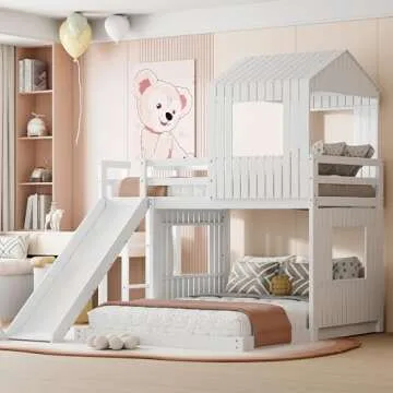 Harper & Bright Designs House Bunk Bed with Slide,Wood Twin Over Full Bunk Bed with Roof,Ladder & Safety Guardrail,Floor Bunk Loft Bed for Kids,Teens,No Box Spring Needed, White