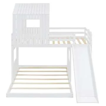 Harper & Bright Designs House Bunk Bed with Slide,Wood Twin Over Full Bunk Bed with Roof,Ladder & Safety Guardrail,Floor Bunk Loft Bed for Kids,Teens,No Box Spring Needed, White