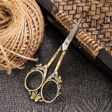 Vintage Scissors, Stainless Steel Scissors Small Sewing Scissors Crochet Scissors for Needlework Craft Art Work Manual Handicraft DIY Tool with PU Leather Sheath (Vintage color)