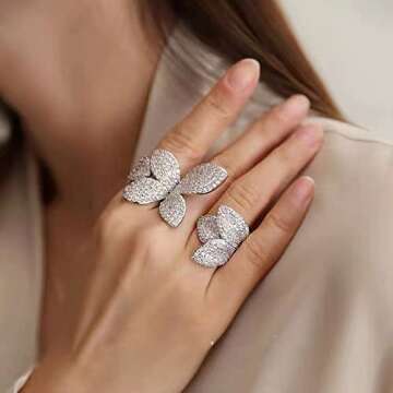 Rhinestone Butterfly Wrap Ring Open Statement Rings Sparkling Crystal Cubic Zirconia Leaf Engagement...
