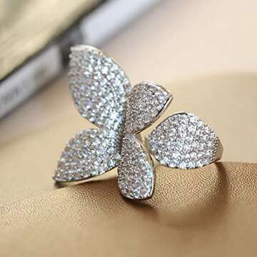 Rhinestone Butterfly Wrap Ring Open Statement Rings Sparkling Crystal Cubic Zirconia Leaf Engagement Promise Wedding Ring Expandable Finger Band Dainty Jewelry Gifts for Women Girls