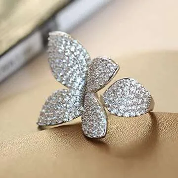 Rhinestone Butterfly Wrap Ring Open Statement Rings Sparkling Crystal Cubic Zirconia Leaf Engagement Promise Wedding Ring Expandable Finger Band Dainty Jewelry Gifts for Women Girls