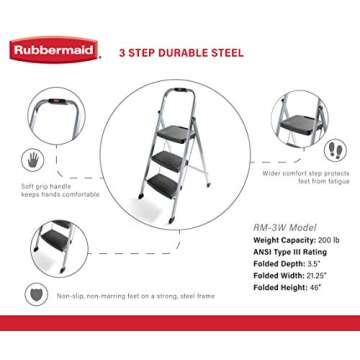Rubbermaid 3-Step Steel Ladder,Folding Step Stool with Hand Grip and Non-Slip Feet, Silver, Tested t...