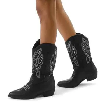 mysoft Women's Western Cowboy Boots Embroidered Mid-Calf Pointed Toe Cowgirl Boot, Available for Regular and Wide Calf