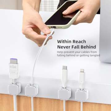 TIKIWIK Cord Organizer Holder, 6 Pack Magnetic Cable Clips Under Desk Cable Management, Strong Adhesive Cord Holder for Nightstand Kitchen Appliances Car Wall Office Phone Wire Keeper, Clear White