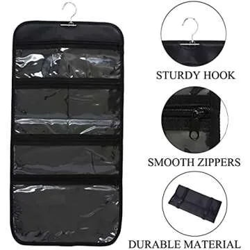 Wodison Foldable Clear Hanging Travel Toiletry Bag Cosmetic Organizer Storage (Black)