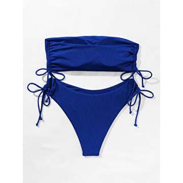 MakeMeChic Women's 2 Piece Bandeau Swimsuits Tie Side Ribbed Bikini Set Tankini Royal Blue S