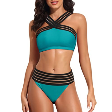 Hilor Women's Two Piece Crossover Bathing Suits Criss Cross High Waisted Bikini Hollow Swimsuit Blue...