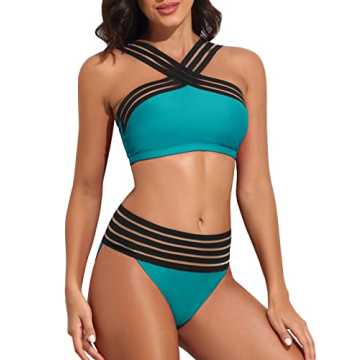 Hilor Women's Two Piece Crossover Bathing Suits Criss Cross High Waisted Bikini Hollow Swimsuit Bluebird Blue S/US4-6