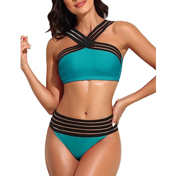 Hilor Women's Two Piece Crossover Bathing Suits Criss Cross High Waisted Bikini Hollow Swimsuit Bluebird Blue S/US4-6