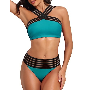 Hilor Women's Two Piece Crossover Bathing Suits Criss Cross High Waisted Bikini Hollow Swimsuit Bluebird Blue S/US4-6
