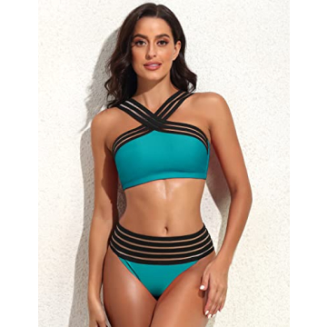 Hilor Women's Two Piece Crossover Bathing Suits Criss Cross High Waisted Bikini Hollow Swimsuit Bluebird Blue S/US4-6