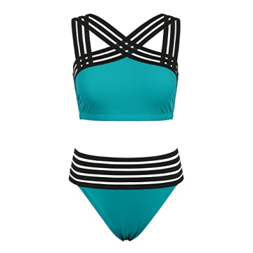 Hilor Women's Two Piece Crossover Bathing Suits Criss Cross High Waisted Bikini Hollow Swimsuit Bluebird Blue S/US4-6