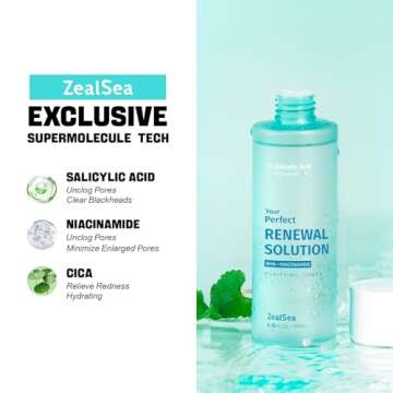 Salicylic Acid Toner, Blackhead Remover, BHA Liquid Exfoliant (CICA, 6.76OZ), ZealSea Pore Minimizer for Face, Gentle Alcohol Free BHA Toner for All Skin Type with Niacinamide, Redness Relief, Vegan