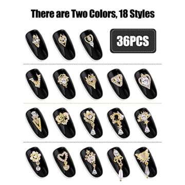 36 Pcs Luxury Nail Charms, TOROKOM 3D Dangle Nail Art Rhinestones Gold Silver Heart Pearl Crystal Ge...