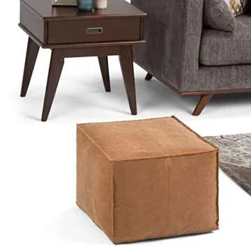 SIMPLIHOME Brody Square Pouf, Footstool, Upholstered in Distressed Brown Faux Leather, for the Living Room, Bedroom and Kids Room, Transitional, Modern