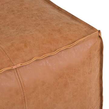 SIMPLIHOME Brody Square Pouf, Footstool, Upholstered in Distressed Brown Faux Leather, for the Living Room, Bedroom and Kids Room, Transitional, Modern