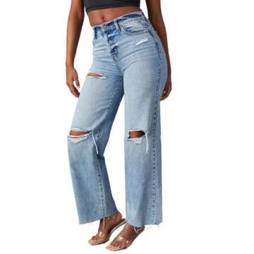 Allimy Womens High Waisted Wide Leg Ripped Jeans Light Wash Trendy Stretch Straight Ankle Capri Deni...