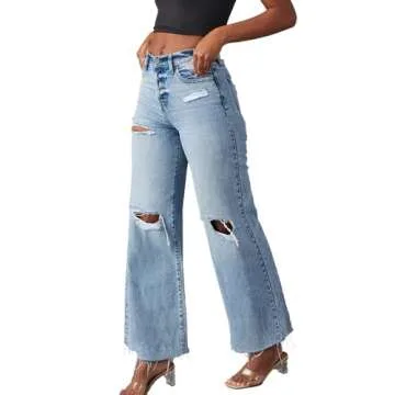 Allimy Womens High Waisted Wide Leg Ripped Jeans Light Wash Trendy Stretch Straight Ankle Capri Denim Blue Size 6