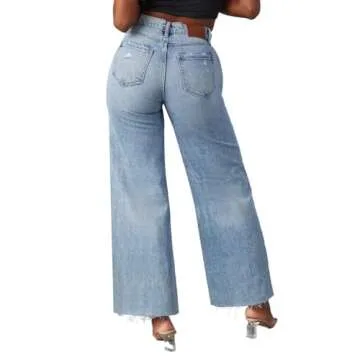 Allimy Womens High Waisted Wide Leg Ripped Jeans Light Wash Trendy Stretch Straight Ankle Capri Denim Blue Size 6