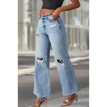 Allimy Womens High Waisted Wide Leg Ripped Jeans Light Wash Trendy Stretch Straight Ankle Capri Denim Blue Size 6