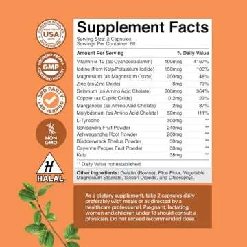 Herbal Thyroid Support Complex - Potent Kelp Iodine Supplement with L Tyrosine, Bladderwrack, Selenium & Pure Ashwagandha for Hormone Balance - Mood & Energy Dietary Pills - 120 Halal Capsules