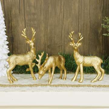 Lulu Home 3 PCS Christmas Tabletop Decorations, Resin Golden Reindeer Family Figurines with Diverse Postures, Xmas Holiday Winter Centerpieces Ornaments for Mantel Shelf Sill Home Office Decor