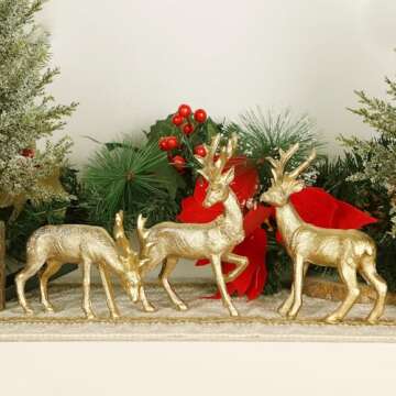 Lulu Home 3 PCS Christmas Tabletop Decorations, Resin Golden Reindeer Family Figurines with Diverse Postures, Xmas Holiday Winter Centerpieces Ornaments for Mantel Shelf Sill Home Office Decor