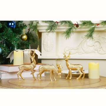 Lulu Home 3 PCS Christmas Tabletop Decorations, Resin Golden Reindeer Family Figurines with Diverse Postures, Xmas Holiday Winter Centerpieces Ornaments for Mantel Shelf Sill Home Office Decor