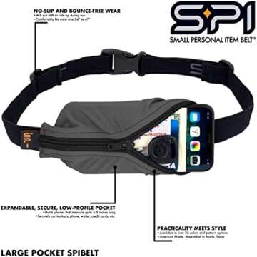 SPIbelt Large Pocket Running Belt for Women Men, Phone Holder for Running, Running Fanny Pack, Holder for Phone, Running Waist Pack, Expandable, Adjustable. Anthracite with Black Zipper