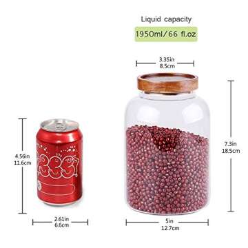 Large Glass Food Canisters, 66 FL OZ(1950ml) Kitchen Serving Stoarge Container with Airtight Acacia ...