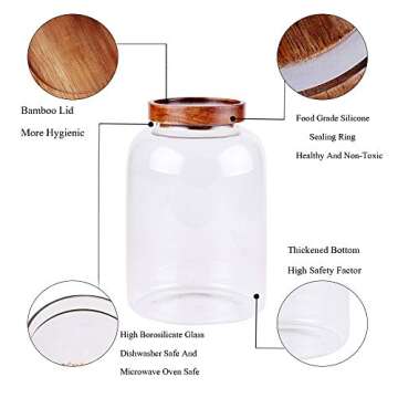 Large Glass Food Canisters, 66 FL OZ(1950ml) Kitchen Serving Stoarge Container with Airtight Acacia Lids, Cereal Dispenser Jars for Spaghetti Pasta, Powder, Spice, Tea, Coffee(7.6inch high)