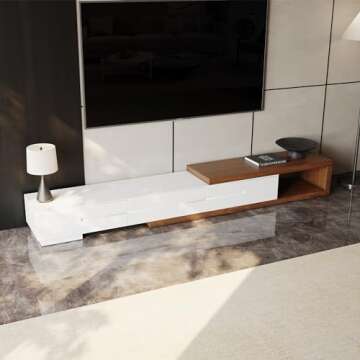 POVISON Modern Extendable White TV Stand, Solid Wood Media Console for Up to 100 Inch TV with 3 Drawers, Partial Assembly, Walnut Veneer