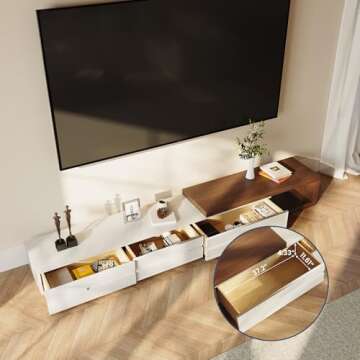 POVISON Modern Extendable White TV Stand, Solid Wood Media Console for Up to 100 Inch TV with 3 Drawers, Partial Assembly, Walnut Veneer