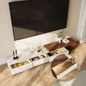 POVISON Modern Extendable White TV Stand, Solid Wood Media Console for Up to 100 Inch TV with 3 Drawers, Partial Assembly, Walnut Veneer