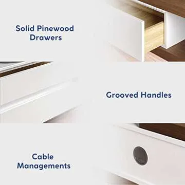 POVISON Modern Extendable White TV Stand, Solid Wood Media Console for Up to 100 Inch TV with 3 Drawers, Partial Assembly, Walnut Veneer