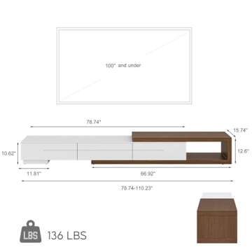 POVISON Modern Extendable White TV Stand, Solid Wood Media Console for Up to 100 Inch TV with 3 Drawers, Partial Assembly, Walnut Veneer