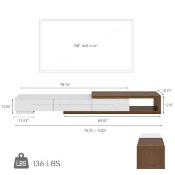POVISON Modern Extendable White TV Stand, Solid Wood Media Console for Up to 100 Inch TV with 3 Drawers, Partial Assembly, Walnut Veneer