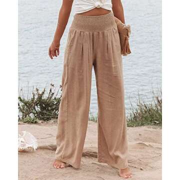 Vansha Women Summer High Waisted Cotton Linen Palazzo Pants Wide Leg Long Lounge Pant Trousers with Pocket Khaki S