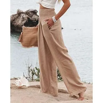 Vansha Women Summer High Waisted Cotton Linen Palazzo Pants Wide Leg Long Lounge Pant Trousers with Pocket Khaki S